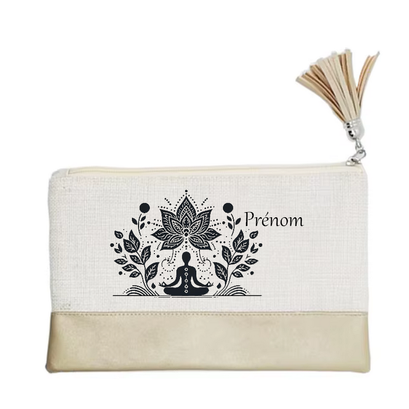 Pochette personnalisée motif bouddha yoga en toile et simili cuir personnalisée