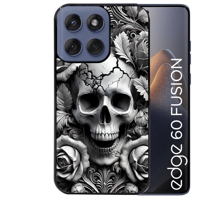 Coque noire taperso pour Moto Edge 60 et Neo Fusion Pro avec motif tete de mort fleur protection antichoc personnalisée