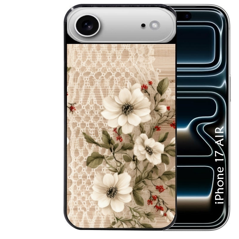 Coque noire taperso pour Iphone 17 17E AIR MAX PRO avec motif bois et dentelle 2 protection antichoc personnalisée