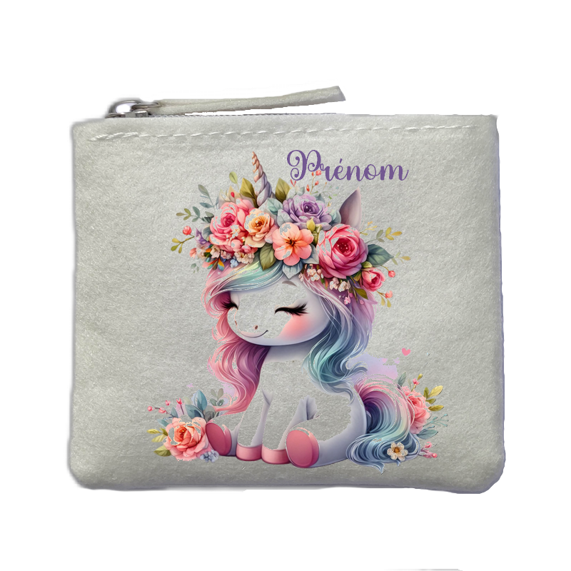 Porte monnaie personnalisé licorne fleurs ivoire en feutrine en feutrine ivoire