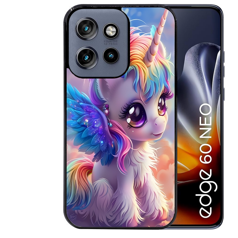 Coque noire taperso pour Moto Edge 60 et Neo Fusion Pro avec motif licorne style anime protection antichoc personnalisée
