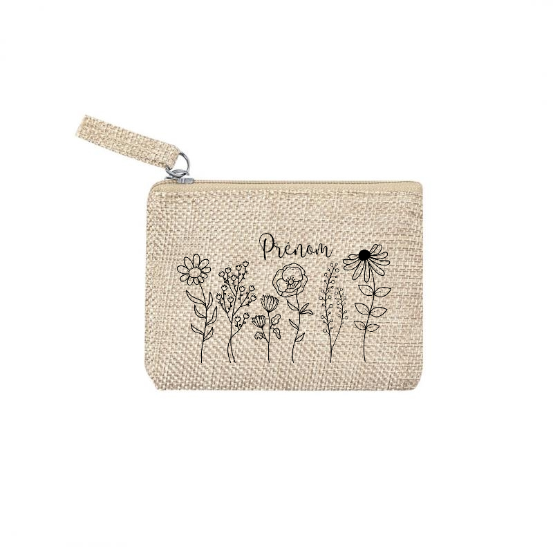 Pochette personnalisée motif fleur line art en toile et simili cuir personnalisée