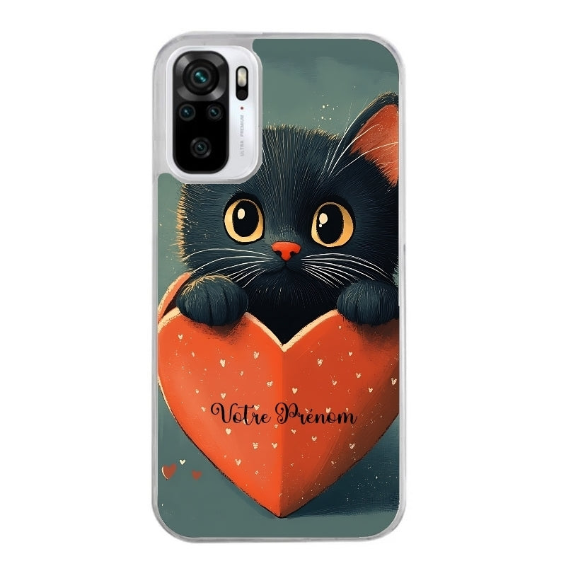 Coque taperso pour Redmi Note 10 4G 5G PRO 10S avec motif chat et coeur avec prenom protection antichoc personnalisée