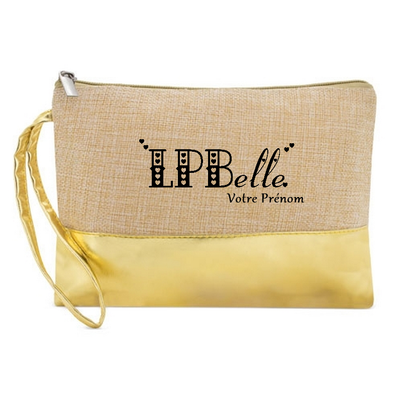 Pochette personnalisée LPBelle et cœur en jute et doré en jute et doré