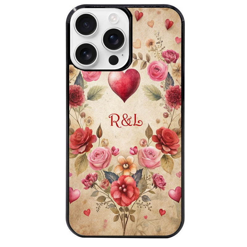 Coque noire taperso pour Iphone 16 16E PLUS MAX PRO avec motif coeur vintage et initiales personnalisee protection antichoc personnalisée