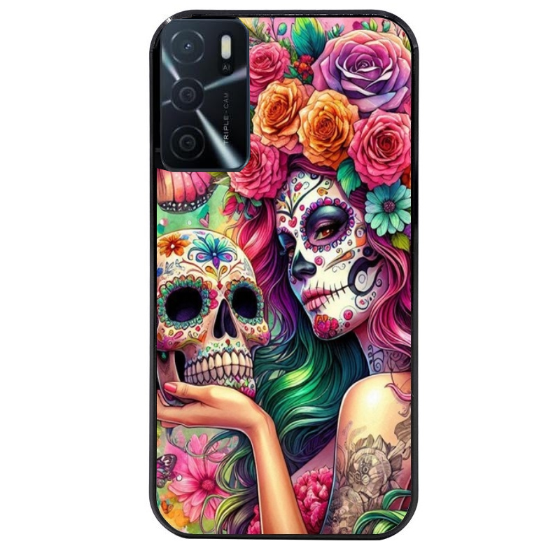 Coque noire taperso pour OPPO A16 et A16S avec motif tete de mort calavera skull protection antichoc personnalisée