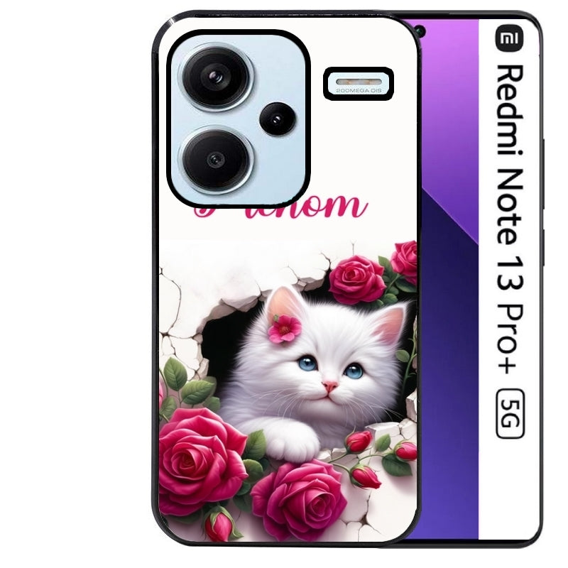 Coque noire taperso pour Redmi Note 13 PRO PLUS 5G avec motif chat fleurs personnalisee protection antichoc personnalisée