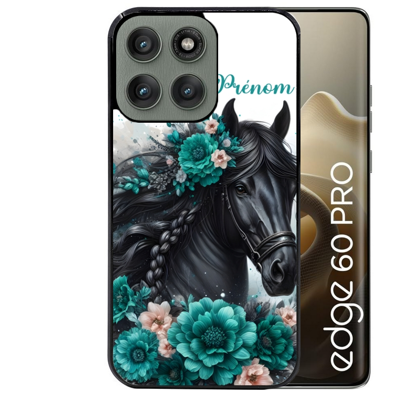 Coque noire taperso pour Moto Edge 60 et Neo Fusion Pro avec motif cheval et fleurs personnalisee protection antichoc personnalisée