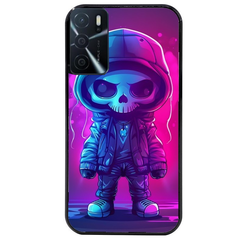 Coque noire taperso pour OPPO A16 et A16S avec motif tete de mort skull fluo protection antichoc personnalisée