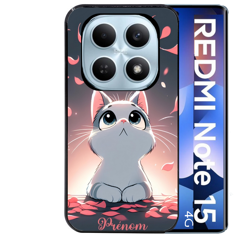 Coque noire taperso pour Redmi Note 15 et PRO PLUS 4G 5G avec motif chat anime avec votre prenom protection antichoc personnalisée