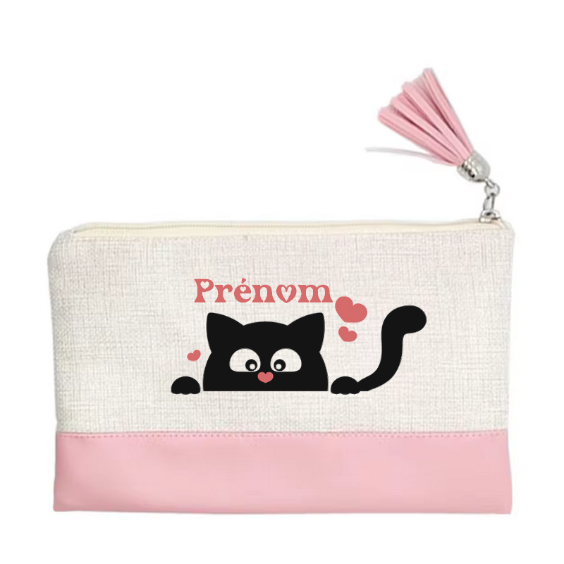 Pochette personnalisée motif chat cœur en toile et simili cuir personnalisée