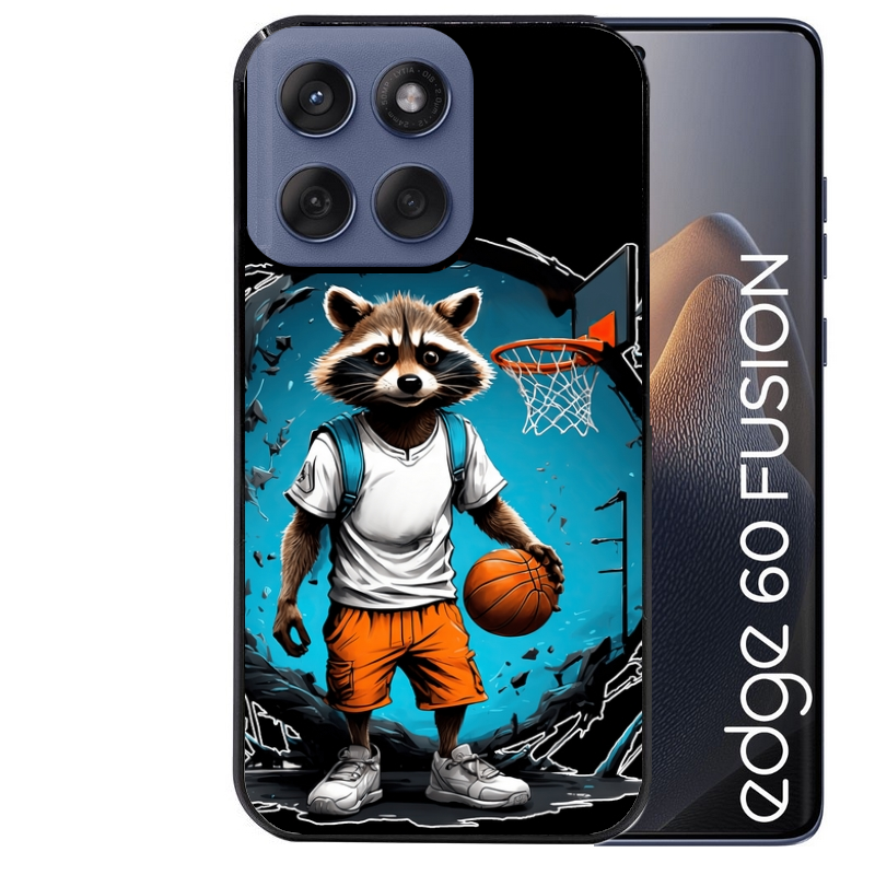 Coque noire taperso pour Moto Edge 60 et Neo Fusion Pro avec motif basket racoon protection antichoc personnalisée