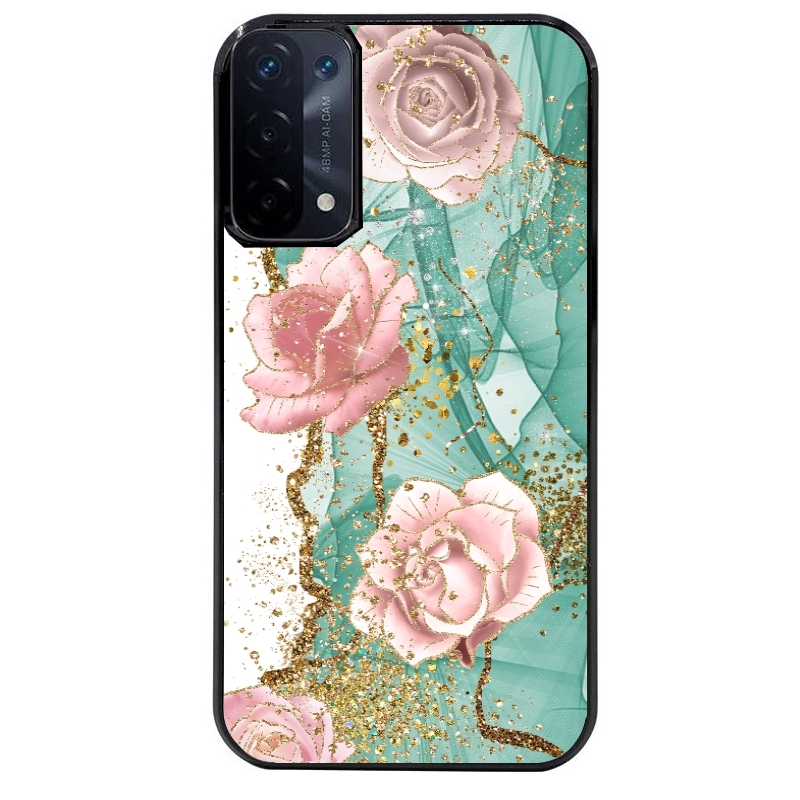 Coque noire taperso pour OPPO A54 et A74 5G avec motif marbre fleur turquoise protection antichoc personnalisée