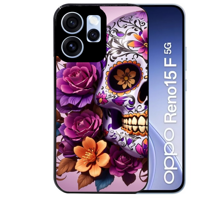 Coque noire taperso pour OPPO Reno 15 et F FS 5G avec motif tete de mort calavera violette protection antichoc personnalisée