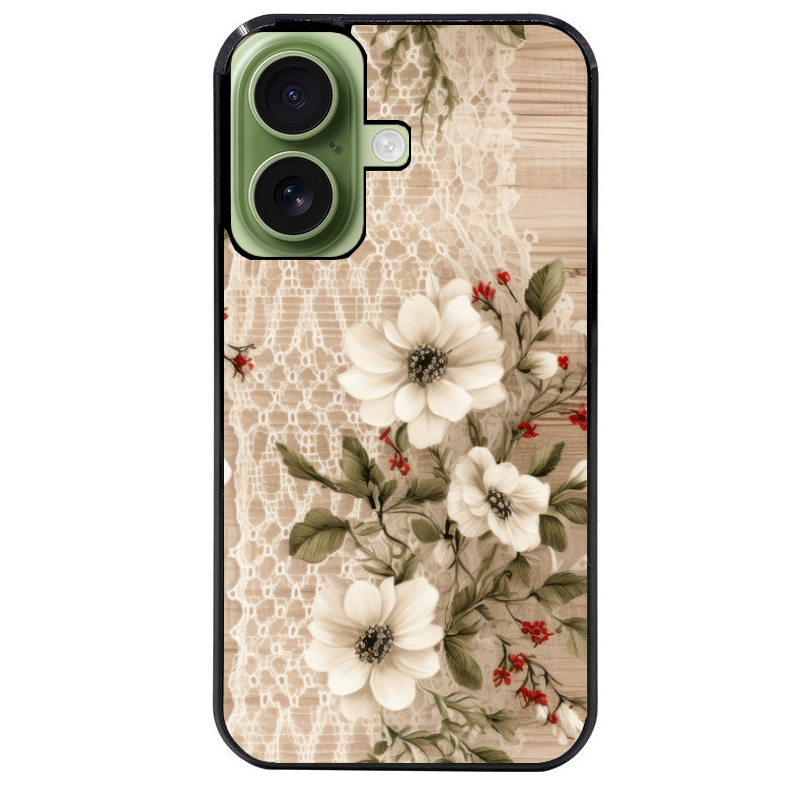 Coque noire taperso pour Iphone 17 17E AIR MAX PRO avec motif bois et dentelle 2 protection antichoc personnalisée