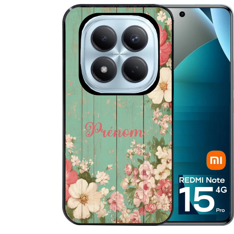Coque noire taperso pour Redmi Note 15 et PRO PLUS 4G 5G avec motif bois et fleur avec votre prenom protection antichoc personnalisée