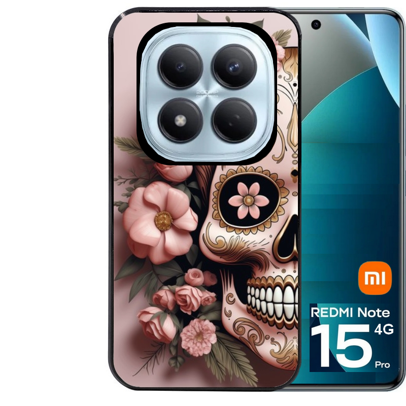 Coque noire taperso pour Redmi Note 15 et PRO PLUS 4G 5G avec motif tete de mort calavera rose protection antichoc personnalisée