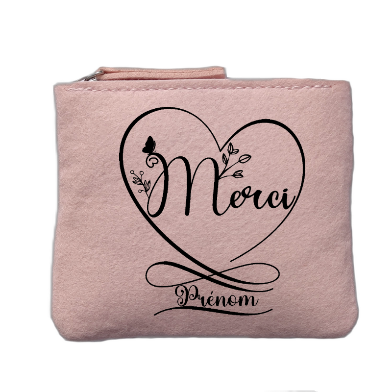 Porte monnaie personnalisé motif coeur merci rose clair en feutrine en feutrine