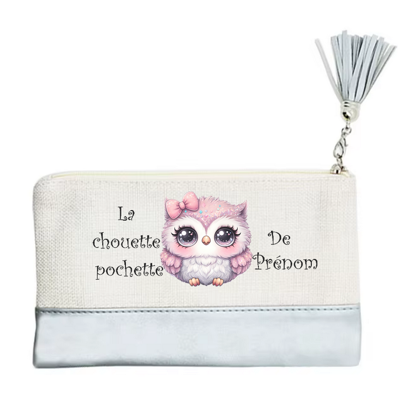 Pochette personnalisée motif chouette chibi en toile et simili cuir personnalisée