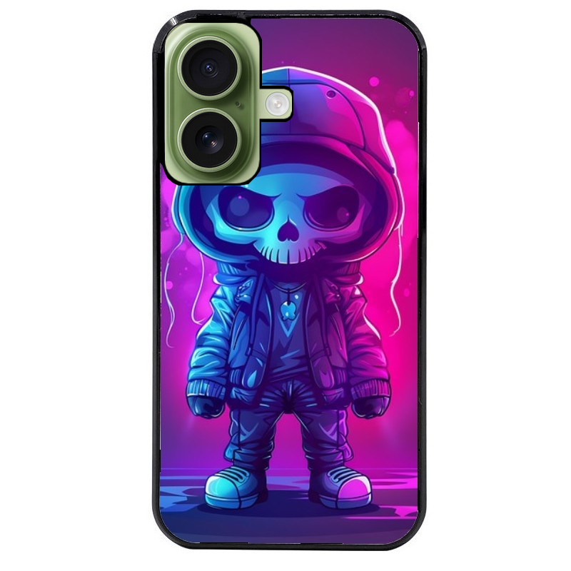 Coque noire taperso pour Iphone 16 16E PLUS MAX PRO avec motif tete de mort skull fluo protection antichoc personnalisée