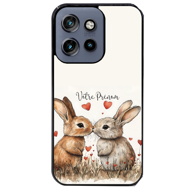 Coque noire taperso pour Moto Edge 60 et Neo Fusion Pro avec motif lapin coeur avec prenom protection antichoc personnalisée