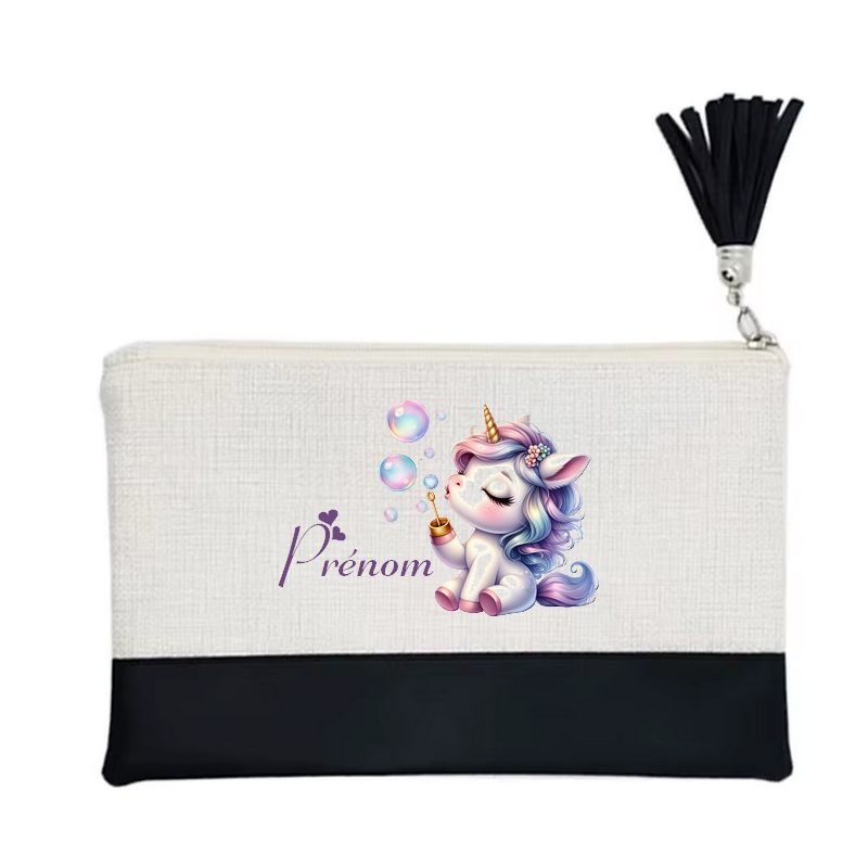 Pochette personnalisée motif licorne bubble en toile et simili cuir personnalisée