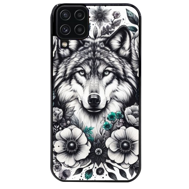 Coque noire taperso pour galaxy A22 A32 A52 A52S 4G 5G  avec motif loup et fleur protection antichoc personnalisée