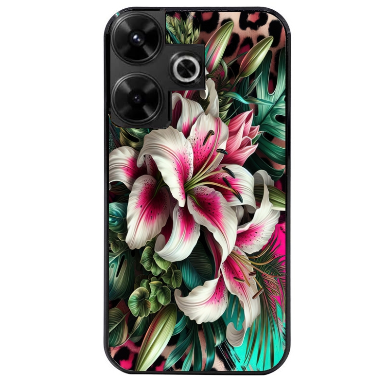 Coque noire taperso pour POCO M6 4G avec motif leopard hibiscus protection antichoc personnalisée