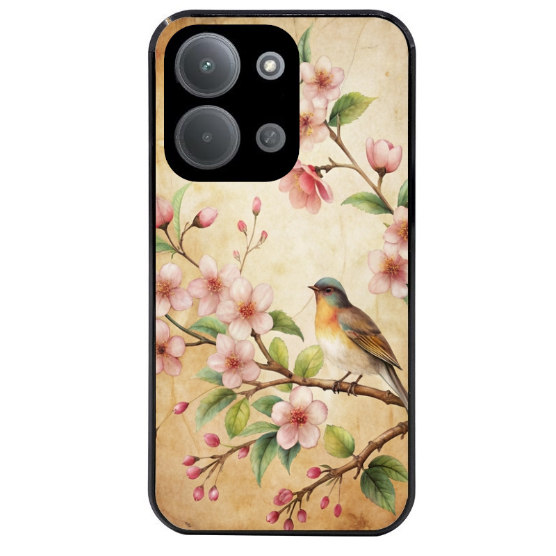Coque noire taperso pour POCO C85 avec motif fleur et colibri protection antichoc personnalisée