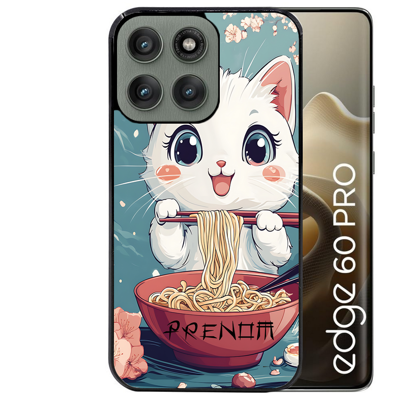 Coque noire taperso pour Moto Edge 60 et Neo Fusion Pro avec motif chat ramen cerisier protection antichoc personnalisée