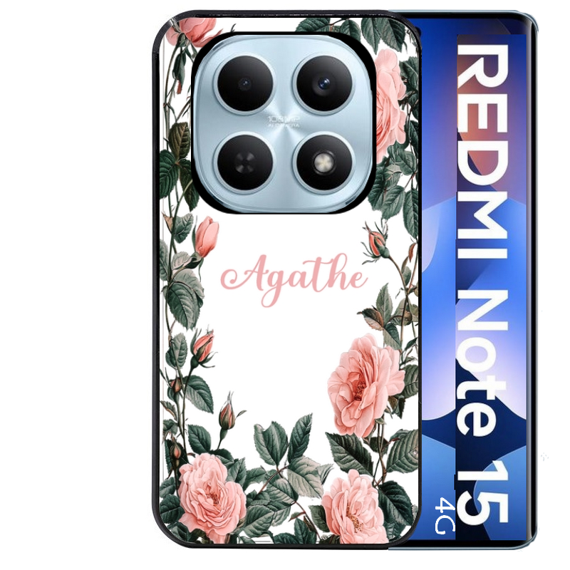 Coque noire taperso pour Redmi Note 15 et PRO PLUS 4G 5G avec motif cadre fleur pastel personnalisee protection antichoc personnalisée