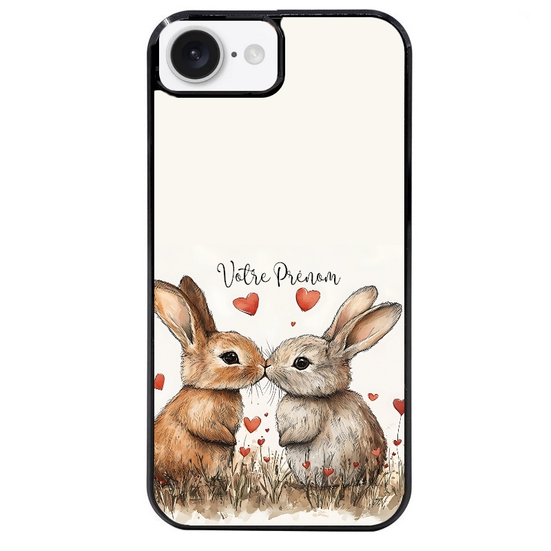 Coque noire taperso pour Iphone 16 16E PLUS MAX PRO avec motif lapin coeur avec prenom protection antichoc personnalisée