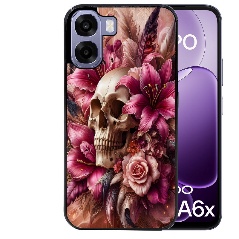 Coque noire taperso pour OPPO A6 A6X 4G et 5G avec motif tete de mort skull plume protection antichoc personnalisée