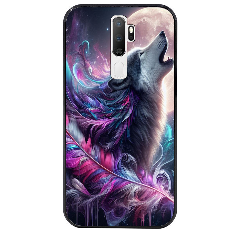 Coque noire taperso pour OPPO A5 A9 2020 avec motif loup et plume protection antichoc personnalisée