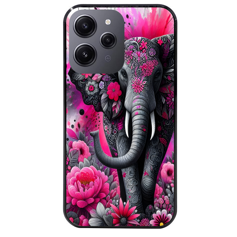 Coque noire taperso pour Redmi 12 4G et 5G avec motif elephant et fleurs protection antichoc personnalisée