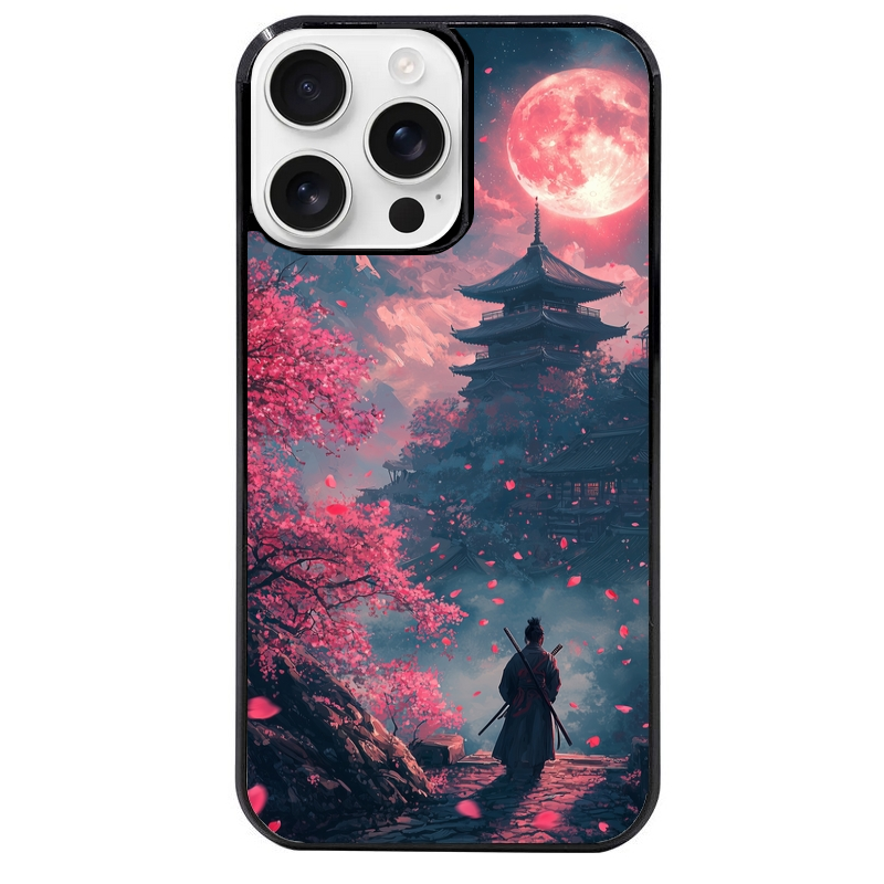 Coque noire taperso pour Iphone 16 16E PLUS MAX PRO avec motif samourai cerisier protection antichoc personnalisée