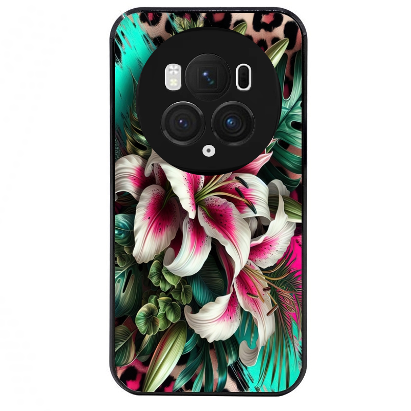 Coque noire taperso pour Magic 5 6 LITE et PRO avec motif leopard hibiscus protection antichoc personnalisée