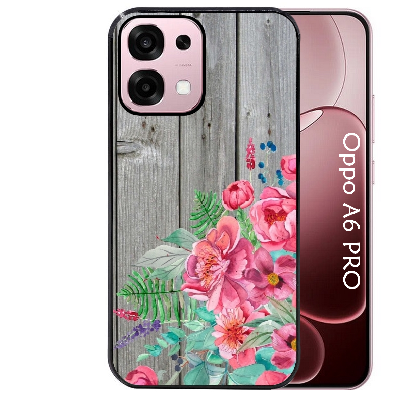 Coque noire taperso pour OPPO A6 PRO 4G et 5G avec motif bois gris et fleur rose protection antichoc personnalisée