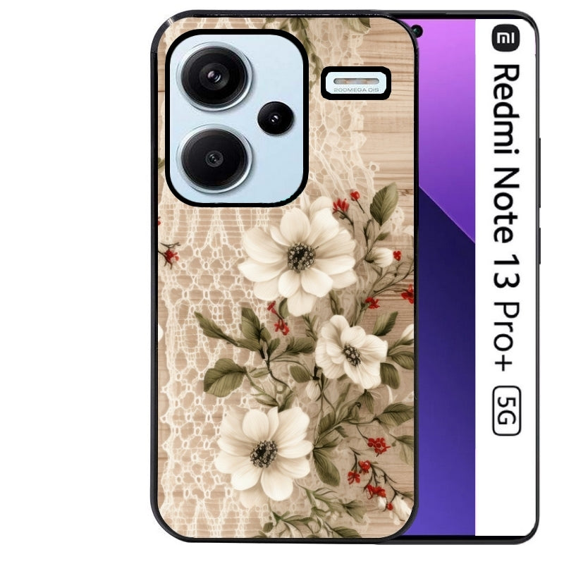 Coque noire taperso pour Redmi Note 13 PRO PLUS 5G avec motif bois et dentelle 2 protection antichoc personnalisée