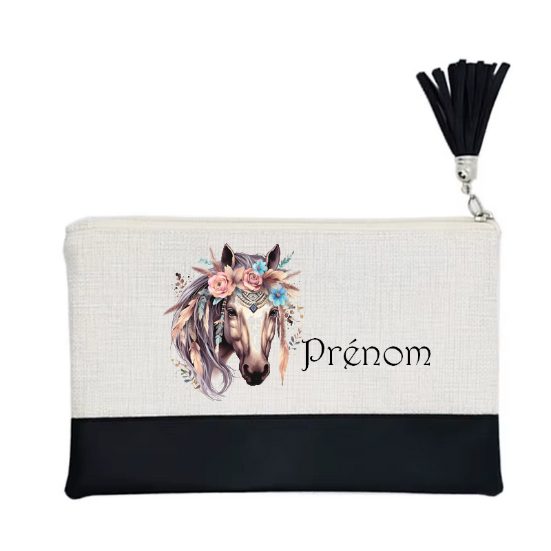 Pochette personnalisée motif cheval boho en toile et simili cuir personnalisée