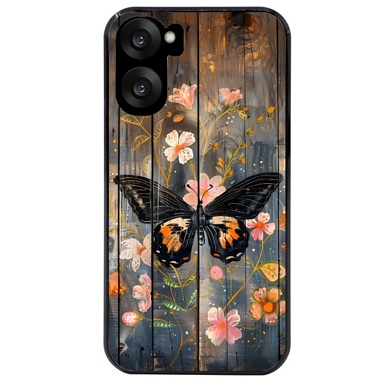 Coque noire taperso pour OnePlus Nord CE5 avec motif bois et papillon 2 protection antichoc personnalisée