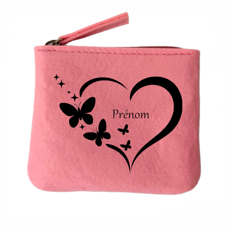 Porte monnaie personnalisé coeur papillon en feutrine en feutrine