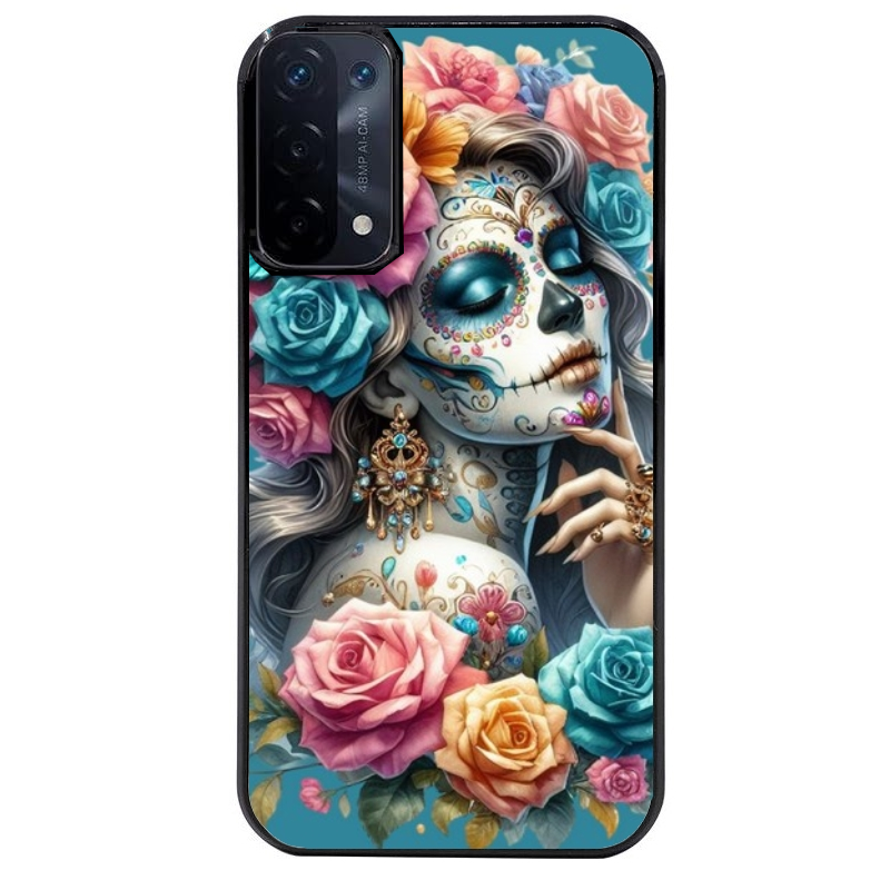 Coque noire taperso pour OPPO A54 et A74 5G avec motif tete de mort calavera bleu protection antichoc personnalisée