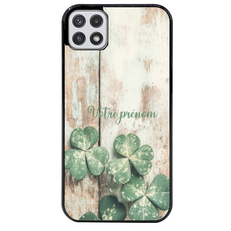 Coque noire taperso pour galaxy A22 A32 A52 A52S 4G 5G  avec motif bois et trefle personnalisee protection antichoc personnalisée
