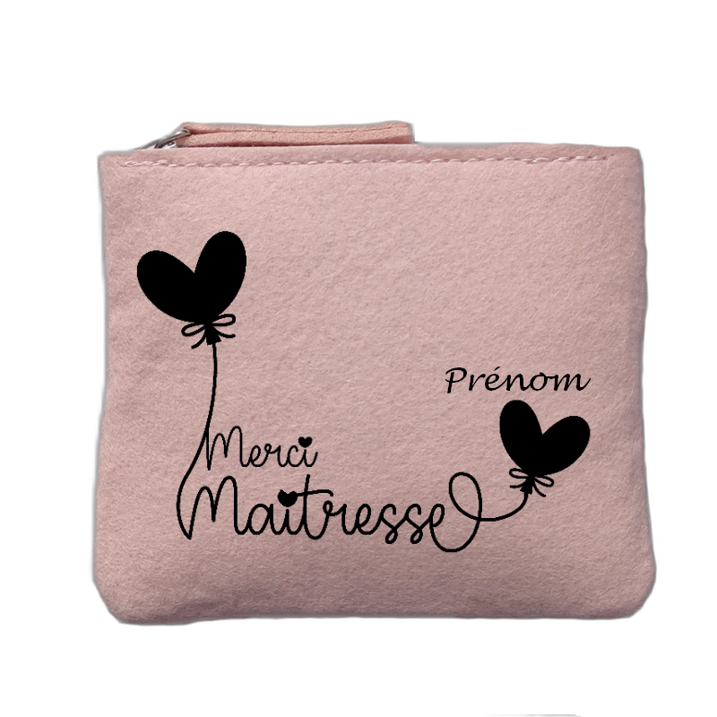 Porte monnaie personnalisé motif maitresse merci ballon rose clair en feutrine en feutrine