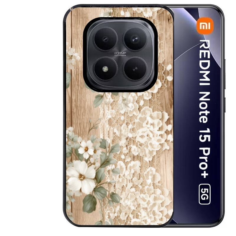 Coque noire taperso pour Redmi Note 15 et PRO PLUS 4G 5G avec motif bois et dentelle 1 protection antichoc personnalisée