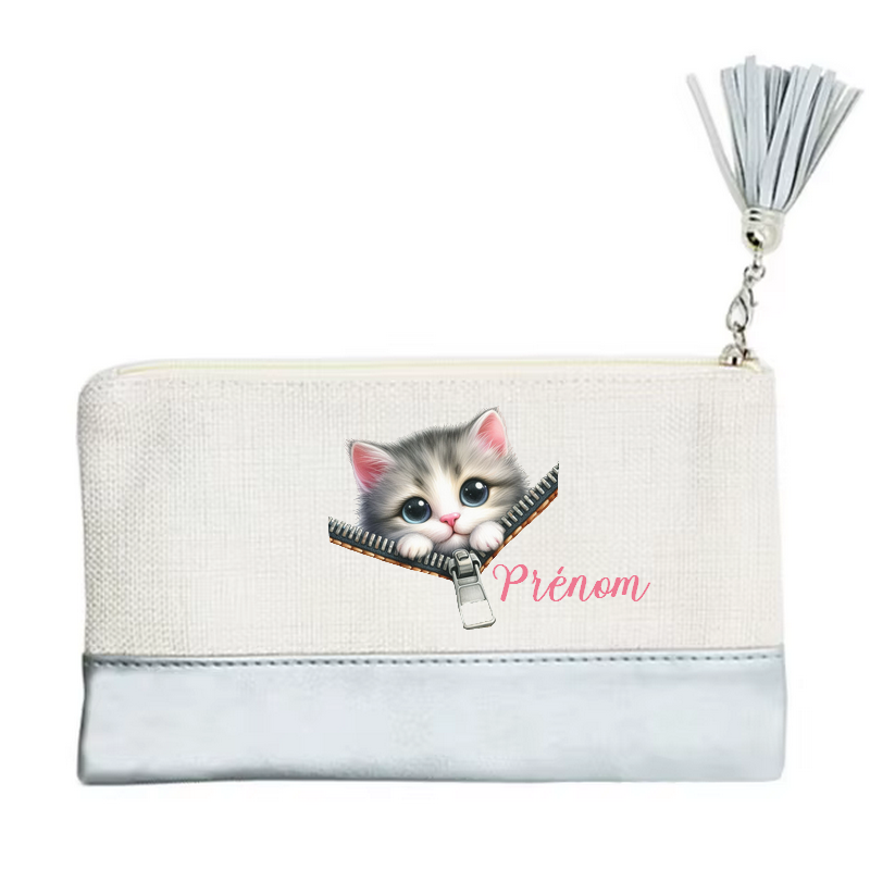 Pochette personnalisée motif chat zip en toile et simili cuir personnalisée