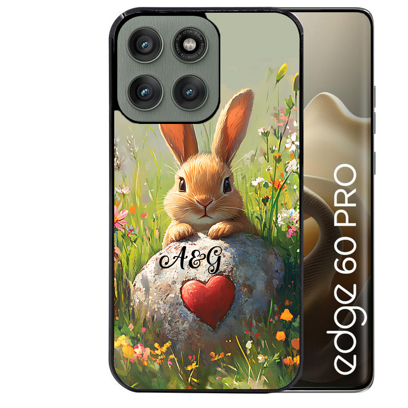 Coque noire taperso pour Moto Edge 60 et Neo Fusion Pro avec motif lapin et fleurs personnalisee protection antichoc personnalisée