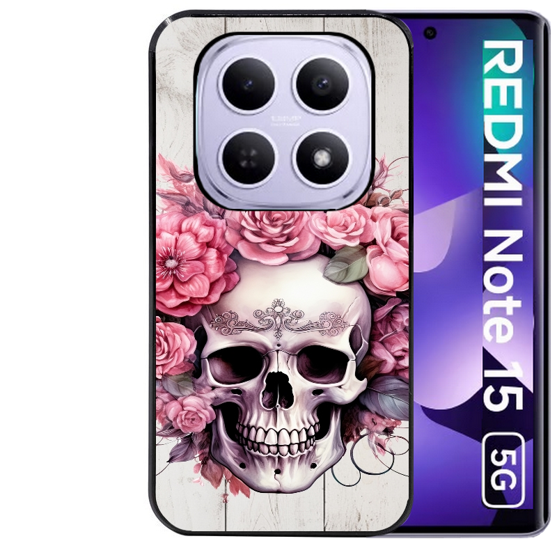 Coque noire taperso pour Redmi Note 15 et PRO PLUS 4G 5G avec motif tete de mort floral protection antichoc personnalisée