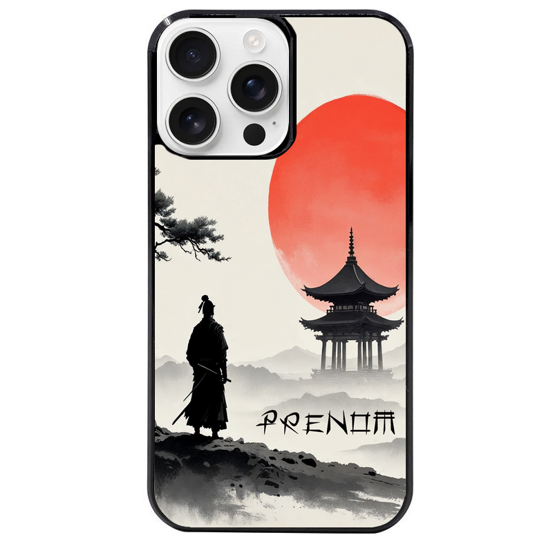 Coque noire taperso pour Iphone 16 16E PLUS MAX PRO avec motif samourai et temple personnalisee protection antichoc personnalisée